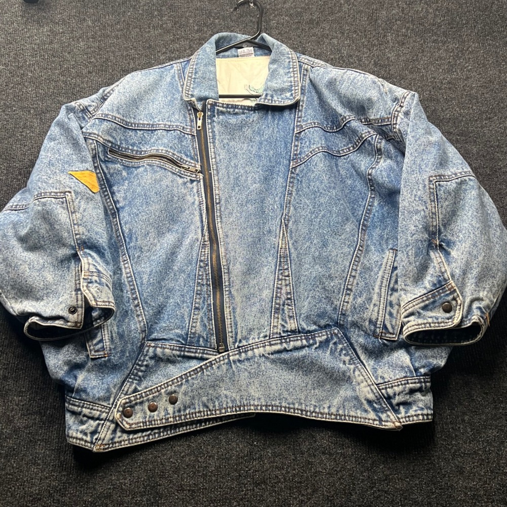 Vintage 80s Acid Wash Denim Biker Jacket Asymmetrical Zip Quilted Lining Medium